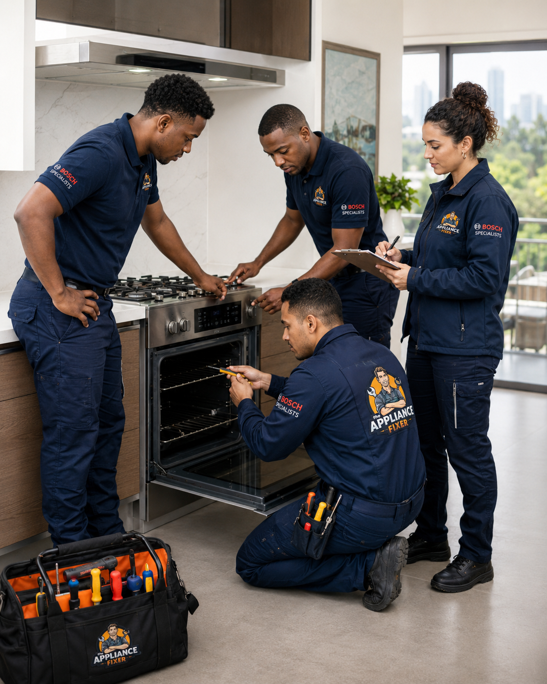 Bosch appliance repair team servicing an oven